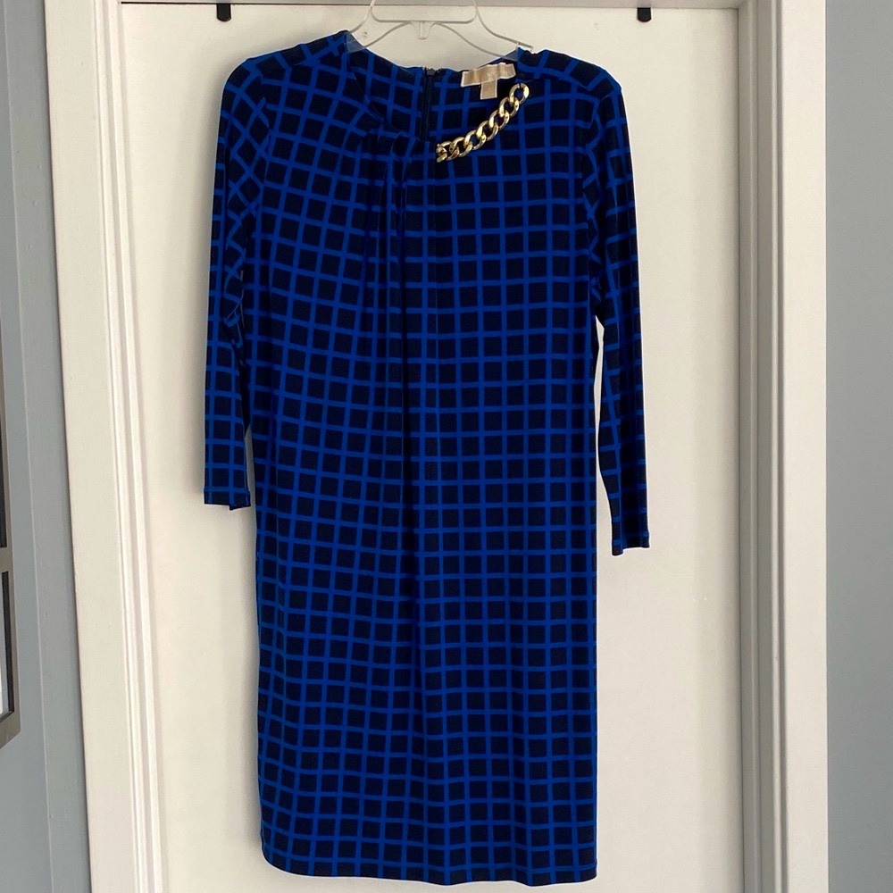 Michael Kors Navy Grid 3/4 Sleeve Dress with Gold Chain Neck Detail